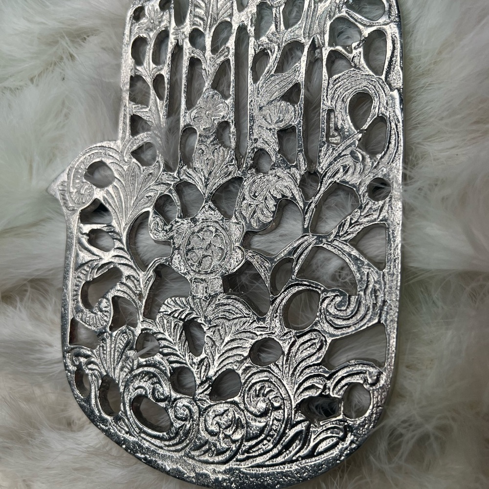 Ornate India Trivet Pot Holder Metal With Floral Hamsa by Yair Emanuel Judaica